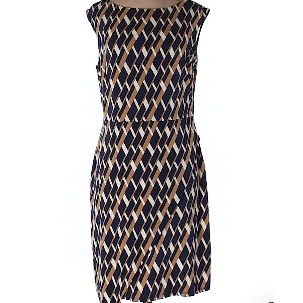Ann Taylor Navy Geometric Diamond Print Sleeveless Sheath Dress Asymmetrical Hem